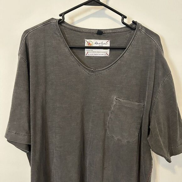Robert Graham Jeans Shirt Mens 3XL Gray V Neck Pocket Distressed Stitch Cotton - Picture 2 of 12